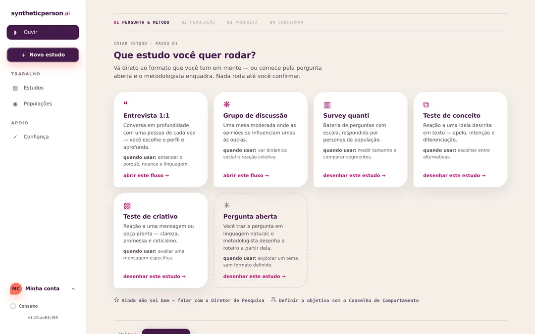 SyntheticPerson app: the study picker asking 'What study do you want to run?' with six format cards